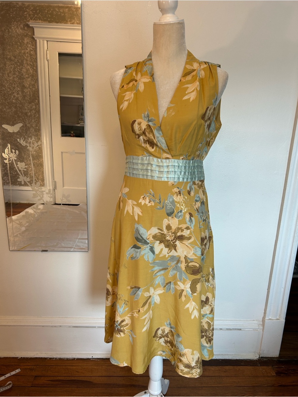 Y2K Mexx Mustard Floral V-Neck Sleeveless Midi Dress